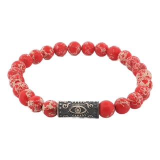 Sterling Silver Evil Eye & Red Jasper Stone Beaded Bracelet For Sale