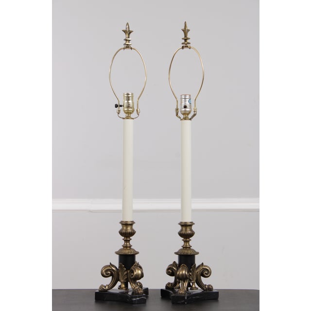 Age: Approx. 20 Years Old Details: Nice Fabric Shades Marble Bases Bronze Or Brass Construction Empire Style Quality...