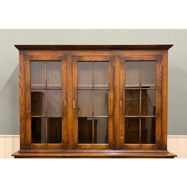 Antique English Large Bookcase Cupboard Cabinet Triple Door Glass Oak C. 1930s For Sale - Image 11 of 18