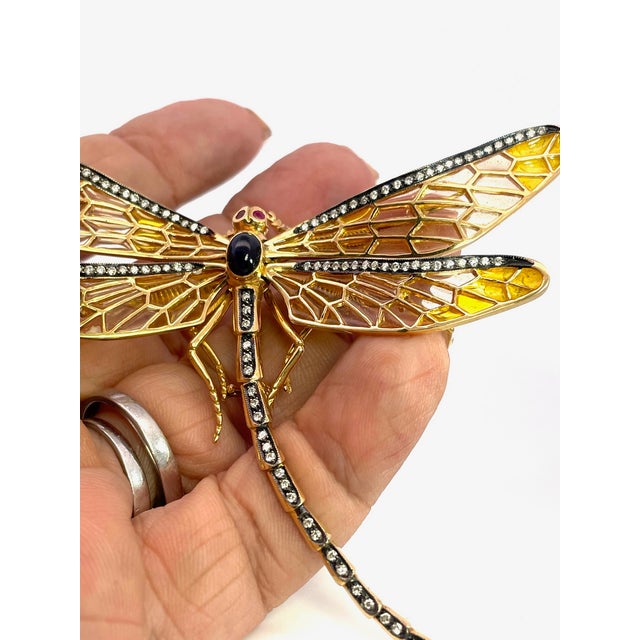 Antique Plique-À-Jour Dragonfly Brooch With Gold and Gemstones For Sale - Image 4 of 15