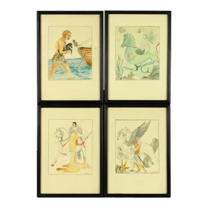 Jean Bowman Set of 4 Watercolor Mythological Fairy Tale Scene Paintings, 1933