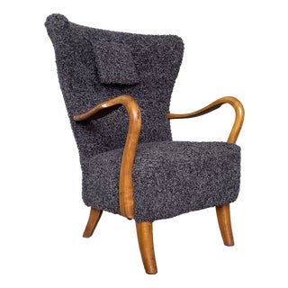 Wingback Chair in Dark Bouclé by Alfred Christensen for Slagelse Møbelværk, 1940s For Sale