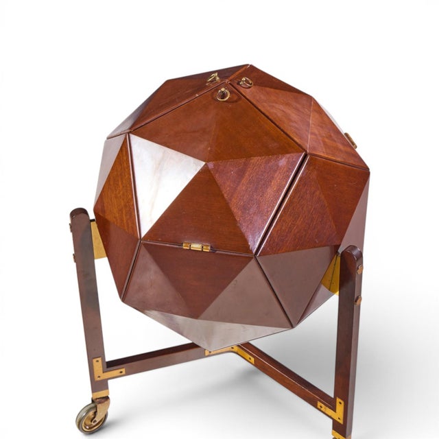 Wood M. Vuillermoz for Dambrine Mid Century French Mahogany and Brass Polyhedron Bar Cabinet For Sale - Image 7 of 7