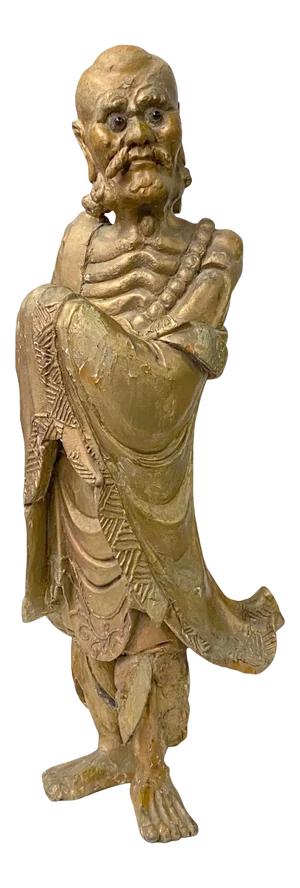 Chinese Vintage Wood Carved Golden Paint Zen Master Damo Statue