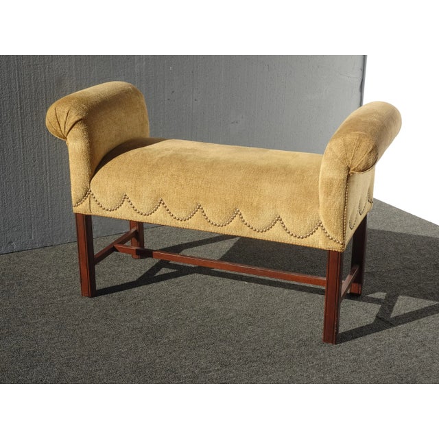Vintage Ethan Allen Rolled Arm Bench W Gold Velvet Fabric & Decorative Nails For Sale In Los Angeles - Image 6 of 12