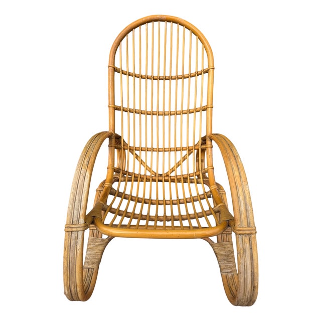 Italian Curved Bamboo and Rattan Armchair in the style of Roberti, 1960s For Sale