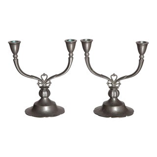 Just Andersen Double Arm Crested Pewter Candlesticks - a Pair For Sale