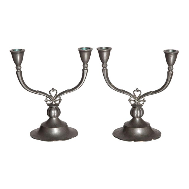 Just Andersen Double Arm Crested Pewter Candlesticks - a Pair For Sale