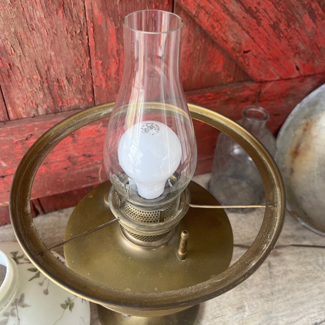 Brass Vintage Brass Electric Lamp With Floral Glass Shade For Sale - Image 8 of 14
