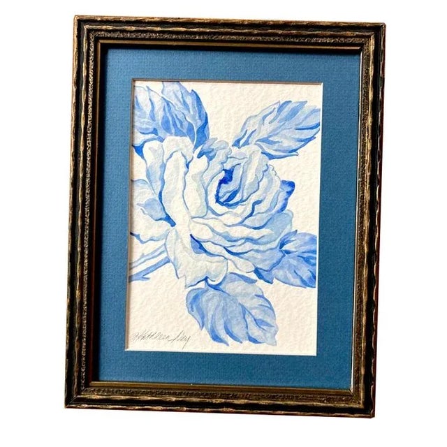 Blue Orignal Watercolor Painting of a Chintz Style Rose, Vintage Frame, Blue and White, For Sale - Image 8 of 8