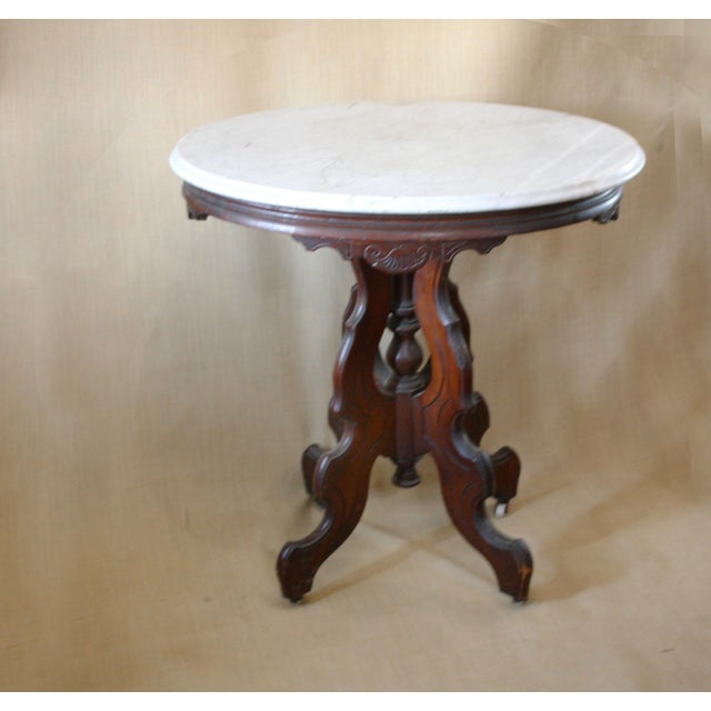 Antique Victorian Marble Top Carved Base Oval Parlor Table For Sale - Image 4 of 9