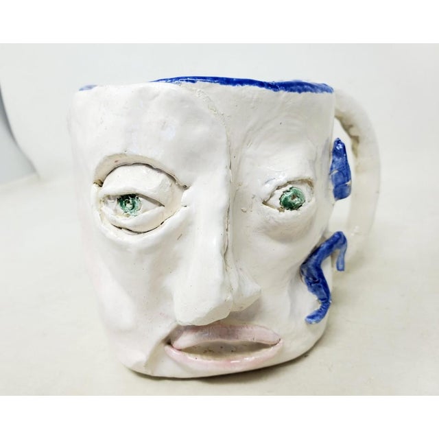 2010s Handcrafted Decorative Mug - Faces on 2 Sides - Blue Eyes and Green Eyes - Ooak For Sale - Image 10 of 18