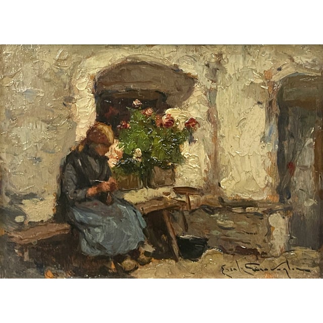 Ercole Garavaglia, Woman at Work, 1890s, Oil on Panel, Framed, in Very Good conditions. Designed 1890 to 1919