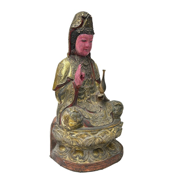 Wood Vintage Chinese Pink Face Holy Bottle Lotus Base Wood Kwan Yin Bodhisattva Statue For Sale - Image 7 of 9