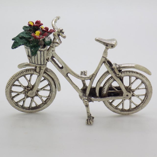 1980s Vintage Italian Handmade Silver Bicycle with Flower Basket, 1980s For Sale - Image 5 of 11