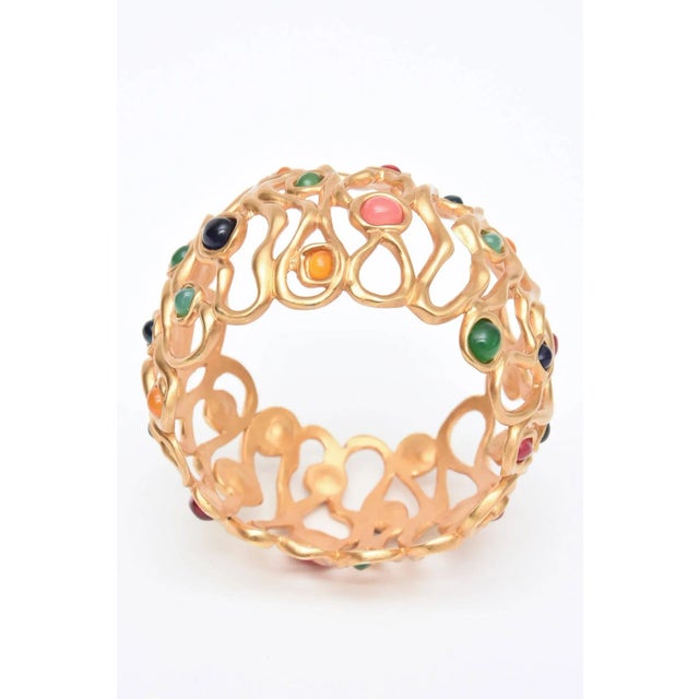 Modern Mid 20th Century Jewel Tone Stone Cuff Bracelet With Gold Plate For Sale - Image 3 of 7