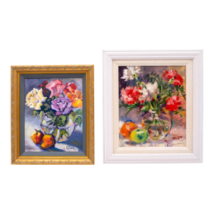 Pair Nancy Barch and J Glass Fruit & Flower Still Life Oil Paintings Artist Signed