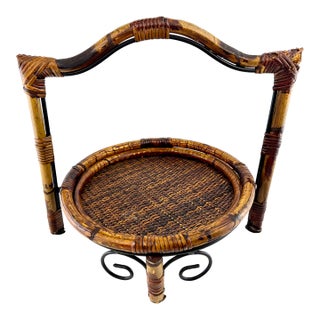 Vintage Tortoiseshell Rattan & Wrought Iron Round Tray Stand For Sale