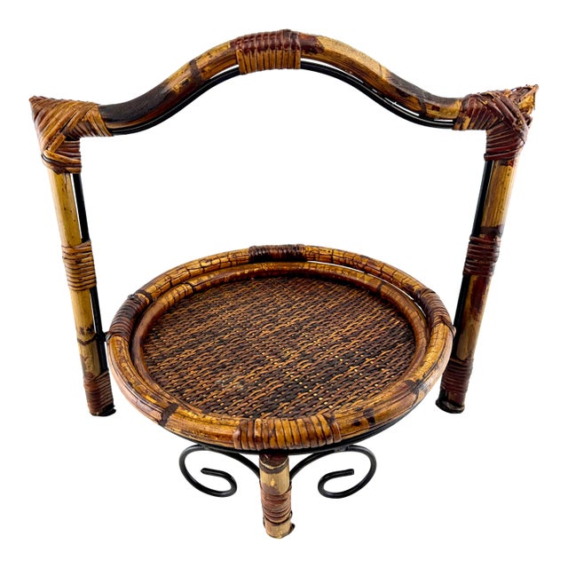 Vintage Tortoiseshell Rattan & Wrought Iron Round Tray Stand For Sale