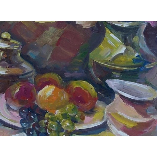 Antique Still Life Oil Painting: Flowers and Food by Ukrainian Artist 46-64 For Sale - Image 4 of 6
