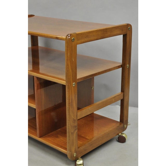 Late 20th Century Vintage Mid Century Modern Lacquered Cherry Wood Rolling Cart Tv Stand Shelf For Sale - Image 5 of 11