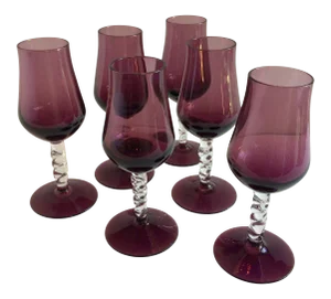 Vintage Twisted Stem With Purple Base and Bowl Aperitif Glasses - Set of 6