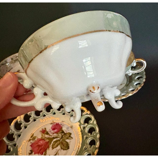 Vintage Royal Sealy Teacup Trio: Iridescent Green China With Pink Roses - Set of 3 Cups & 3 Saucers For Sale - Image 9 of 10