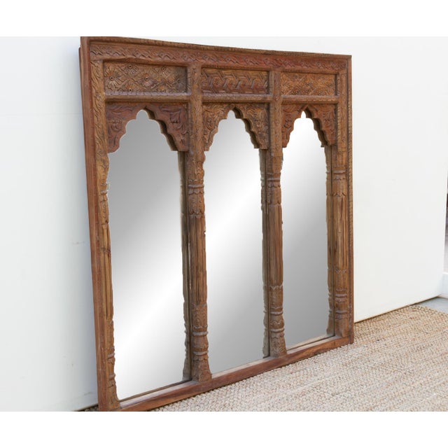 Wood Vintage Mandala Arched Carved Wall Mirror For Sale - Image 7 of 8