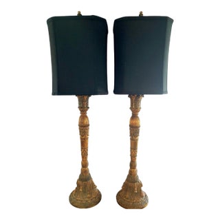 Vintage Hollywood Regency Tassel Black Shade Slim Buffet Lamps - A Pair For Sale