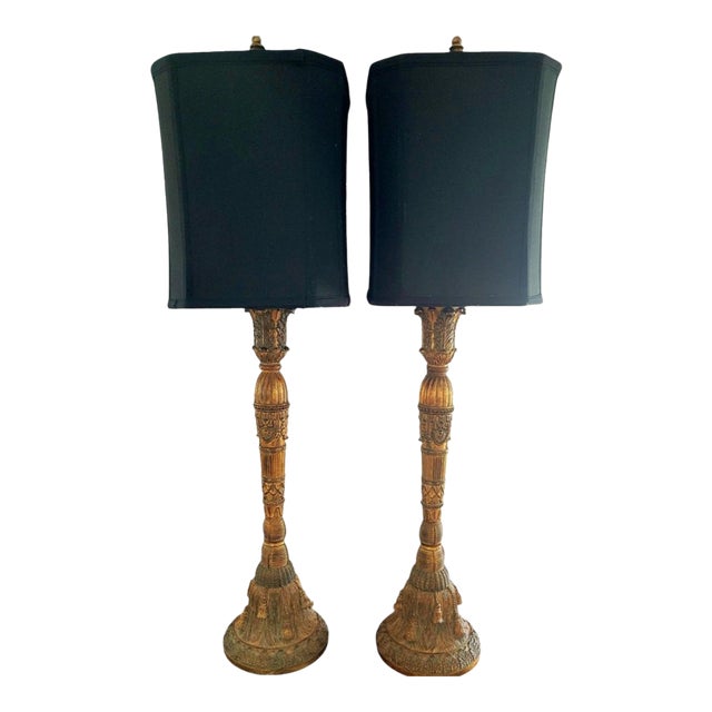 Vintage Hollywood Regency Tassel Black Shade Slim Buffet Lamps - A Pair For Sale