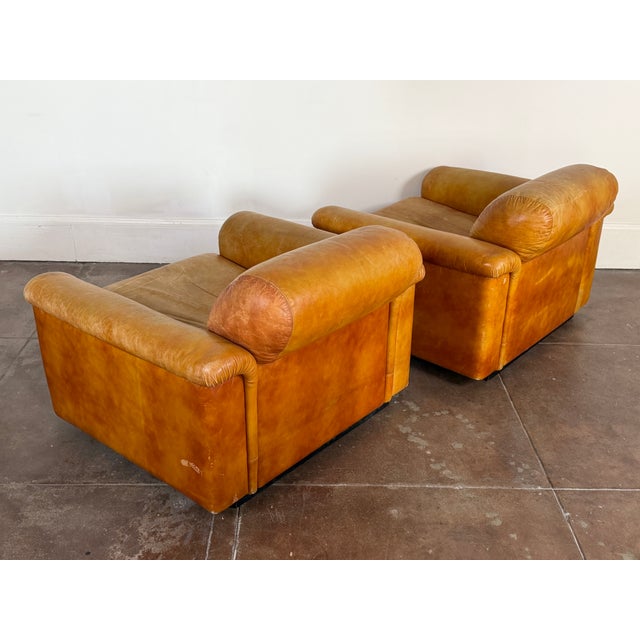 Brown Vintage 1970's Italian Cognac Leather Lounge Chairs For Sale - Image 8 of 16