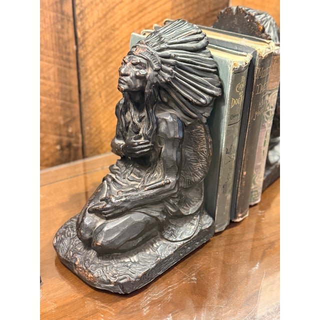Art Deco 1920s j.l. Lambert Bronze Native Chief Bookends Art Deco Figural Pair For Sale - Image 3 of 14