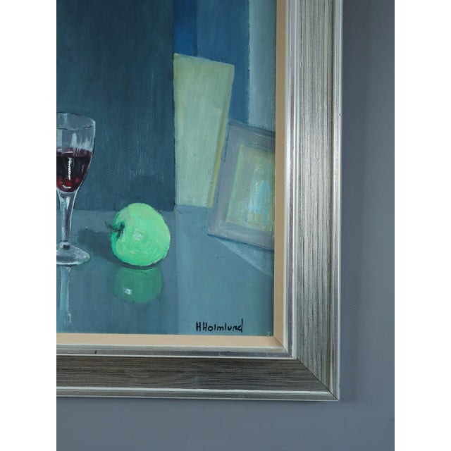 Textile Mid-Century Modern 'Green Apple With Glasses' Vintage Original Still Life Oil Painting, Framed For Sale - Image 7 of 12