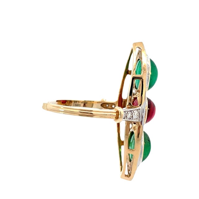 1960s 14k Yellow Gold Burmese No-Heat Red Spinel, Emerald & Diamond Ring, Size 6.5 For Sale - Image 4 of 13