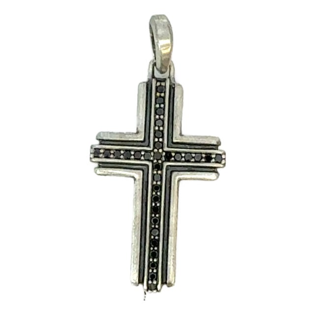 Late 20th Century David Yurman Black Diamond Cross Pendant Sterling Silver Estate For Sale