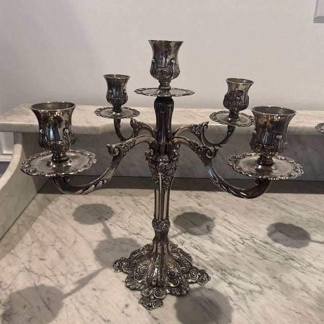 Vintage Ornate Silver Plated 5 Arm Candelabras For Sale In Dallas - Image 6 of 10