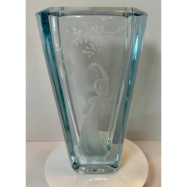 Transparent Vintage Strömbergshyttan B1046 Swedish Mid-Century Ice Blue Engraved Crystal Vase For Sale - Image 8 of 14