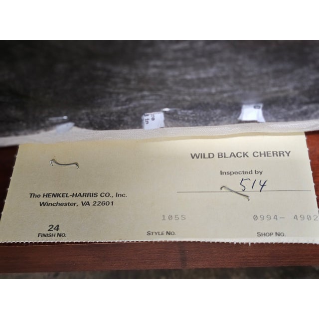 1990s Set of 8 Henkel Harris Black Cherry Dining Room Chairs White Damask Fabric For Sale - Image 15 of 18