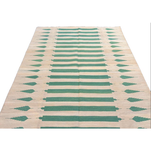 Textile Handwoven Cotton Area Rug, Vegetable Dyed Yellow and Green Striped Dhurrie - 5'x7' For Sale - Image 7 of 10