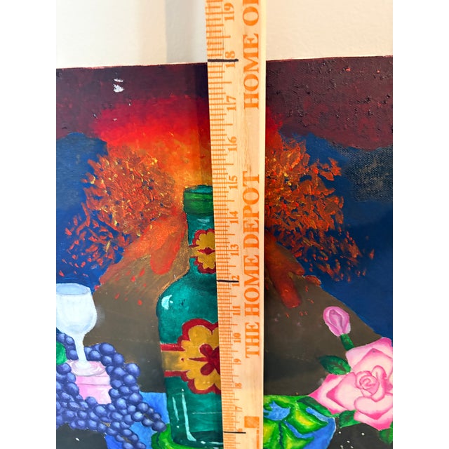 Royal Blue Original Aracely Muñoz Acrylic Painting – Surreal Still Life With Wine Bottle & Florals For Sale - Image 8 of 8
