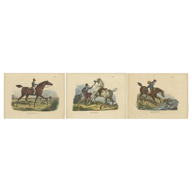 Set of three antique prints titled "Engelsch Jagtpaard," "Engelsche Wedrenner," and "Engelsch Jagtpaard." Old hand-colored...