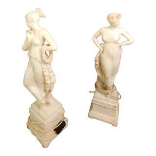 Pair of Mid 20th Century Female Figural Marble/Alabaster Carved Table Lamps For Sale