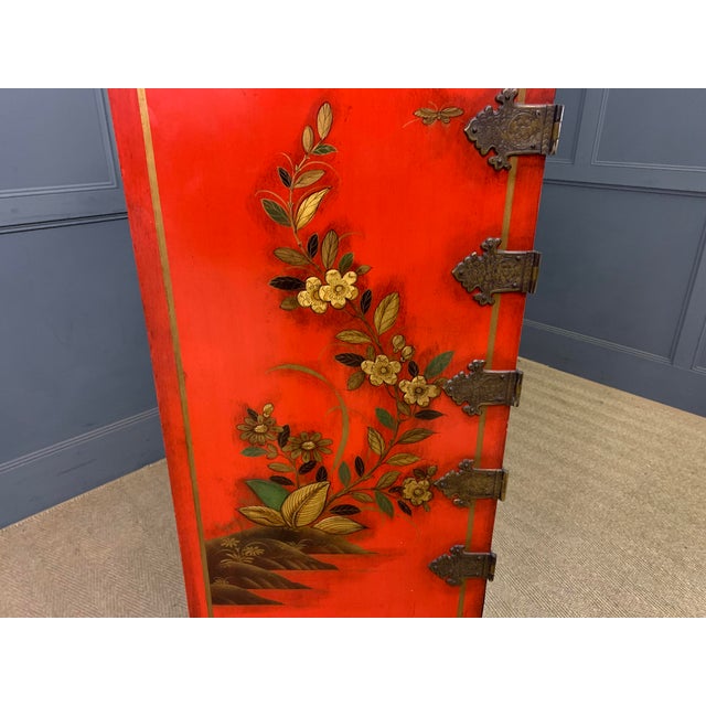 Paint Red Lacquered Chinoiserie Cabinet on Stand, 1920 For Sale - Image 7 of 18