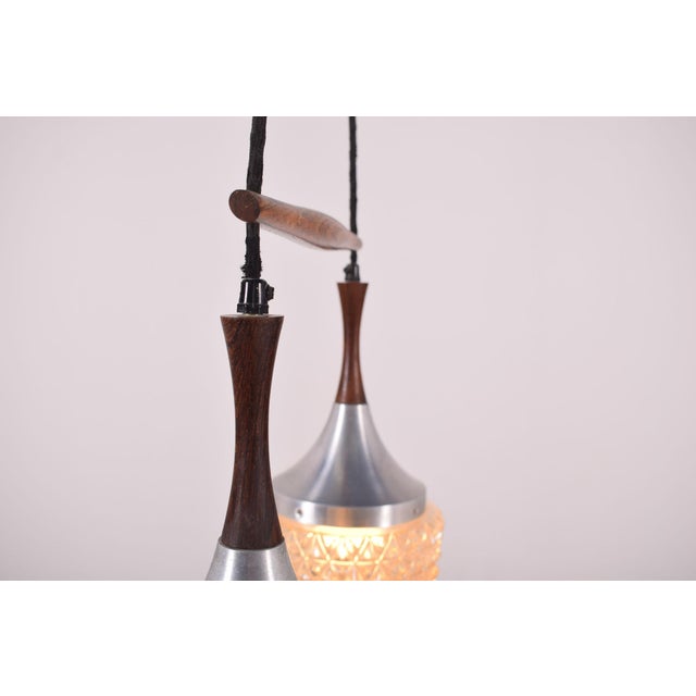 Brown Mid-Century Rosewood, Metal and Glass Dual Pendant Lamp For Sale - Image 8 of 11
