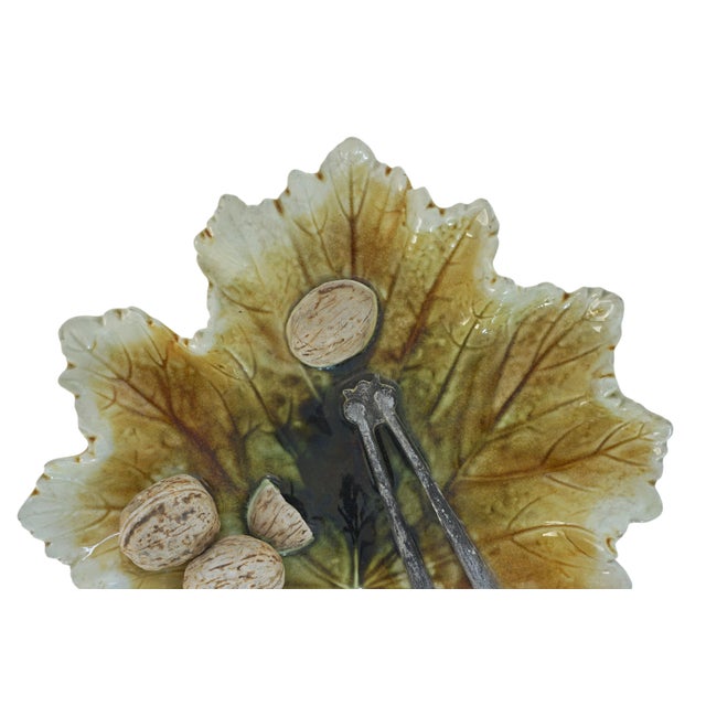 Antique English Majolica Nuts & Nutcracker on Leaf Dish Trompe l'Oeil Bretby Pottery For Sale - Image 4 of 7