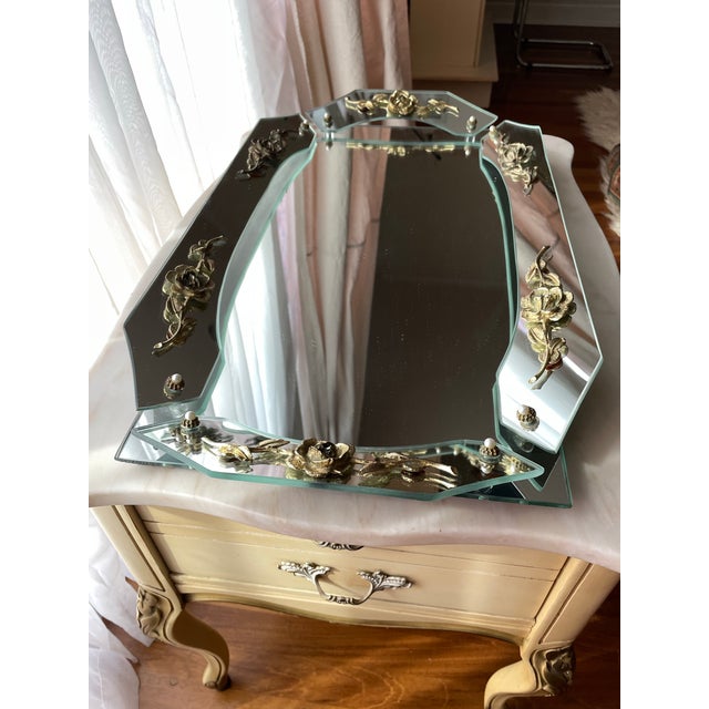 Silver Vintage 1940s French Style Hollywood Regency Beveled Vanity Mirror With Gilt Floral Accents For Sale - Image 8 of 10