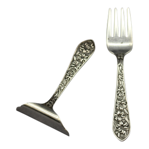 Art Nouveau Period Sterling Silver Baby Food Pusher & Fork by f.m. Whiting