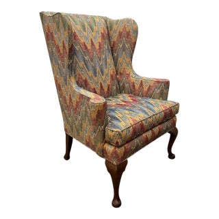 Vintage Chippendale Style Mahogany Frame Flamestich Print Upholstered Wingback Chair For Sale