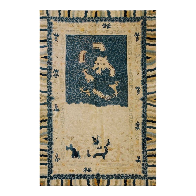 Nice Beige Background Color With Small Detail Dragon Geometric Pattern Antique Chinese Peking Rug For Sale