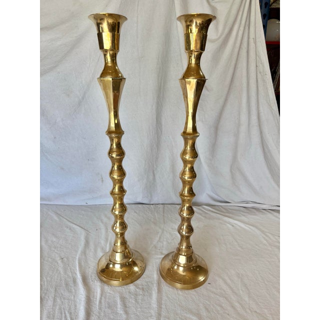 Brass Mid 20th Century Brass Candleholders - A Pair For Sale - Image 8 of 13
